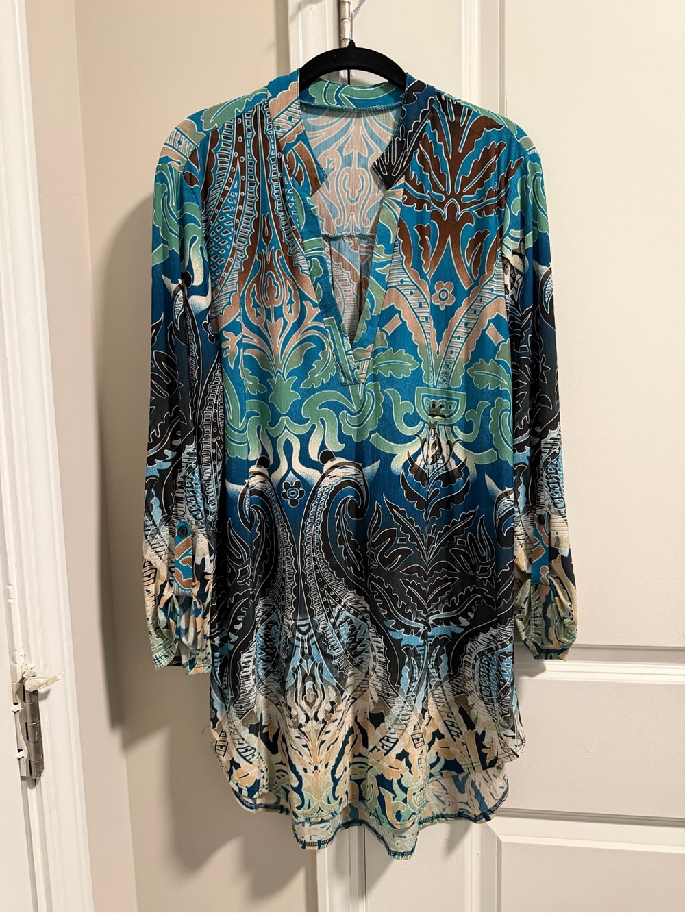Tunic Blouse in Teal, Blue & Tan Paisley Print
